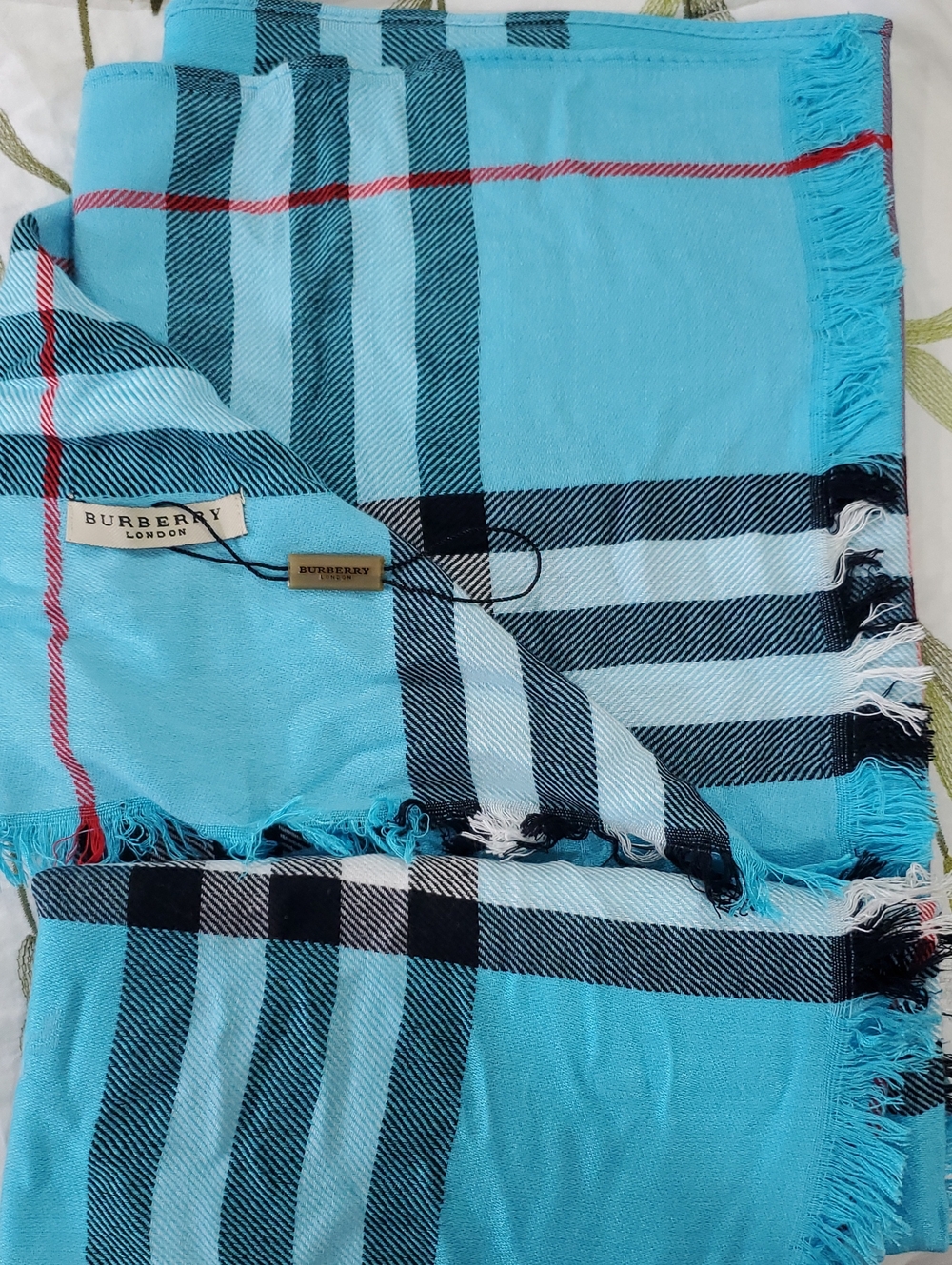 Burberry Men’s Light Blue Plaid Cotton Scarf with Navy & Red Accents